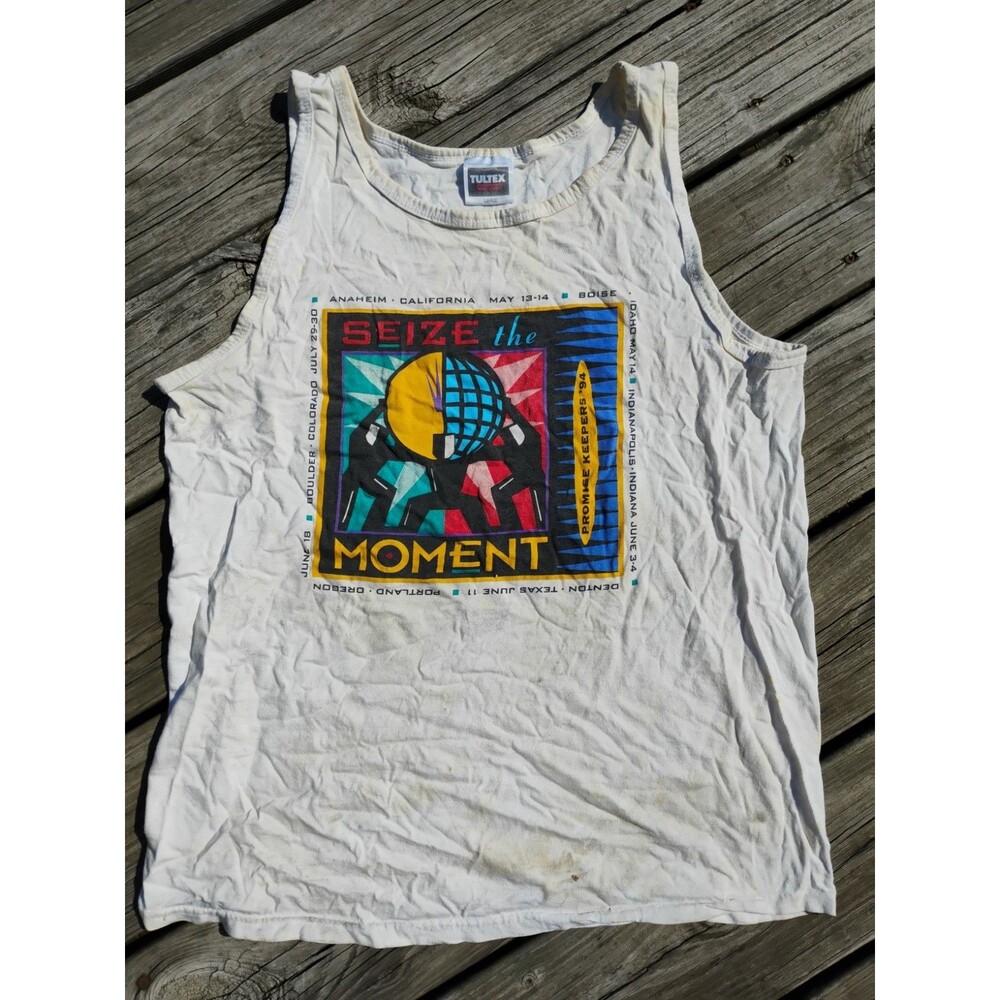 Vintage 90's Thrashed Graphic Tank Distressed Worn In Work  White Tee Men's